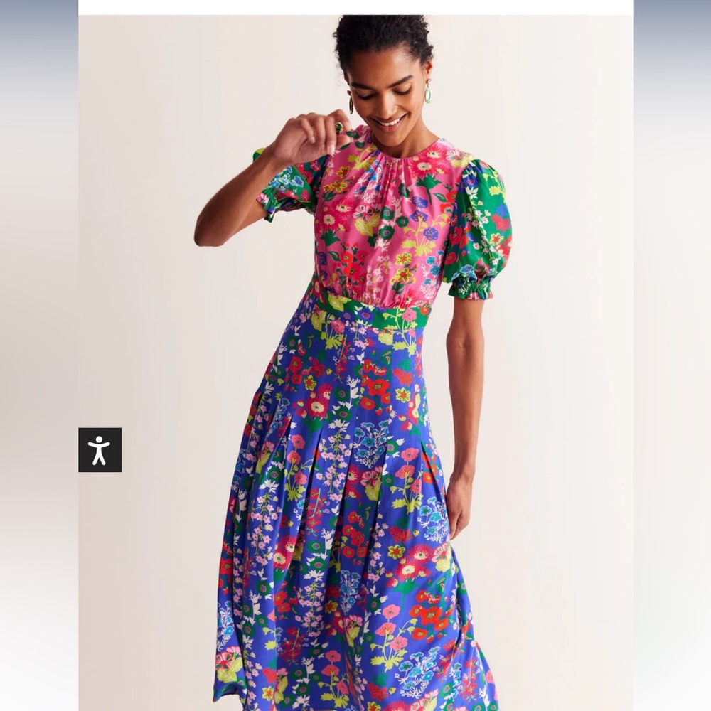 Boden Liv Pleat Detail Midi Dress-Multi, Wildflower Cluster size US 10 NWT